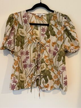 Rose & Olive Floral Tie-Front Puff Sleeve Top in Olive, Gold & Mauve